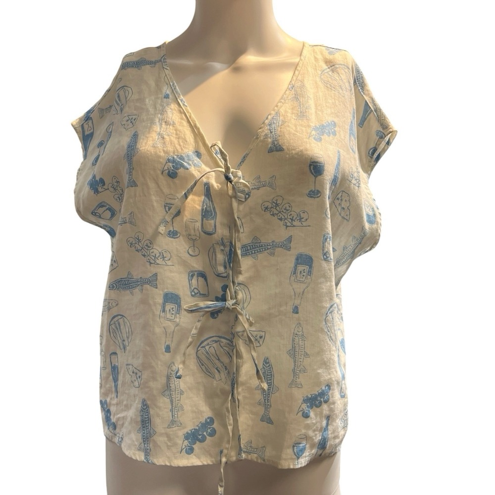 Cynthia Rowley Top White Linen Blue Italian Wine Print L Euro Summer Vacation - Picture 2 of 16